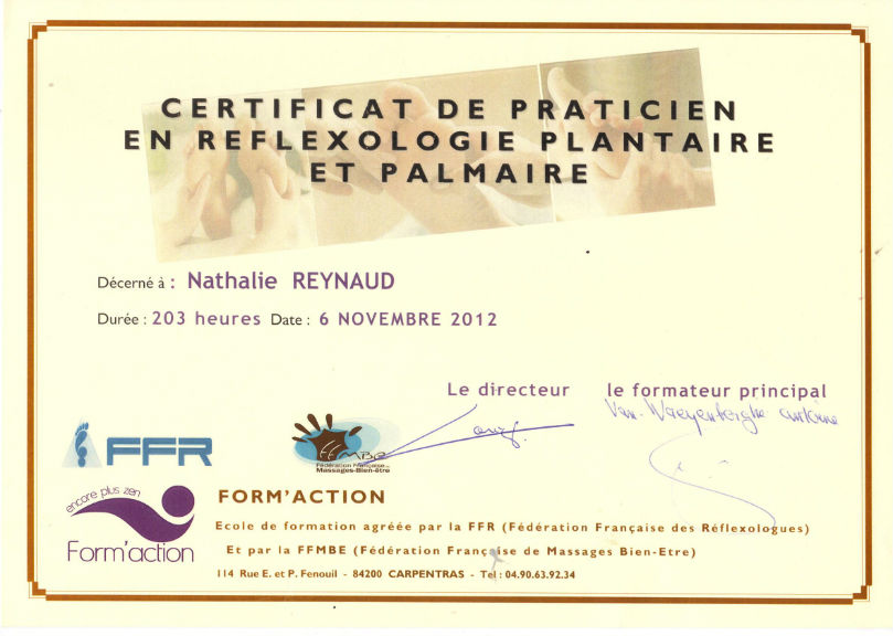 Certificat de Réflexologie plantaire et palmaire Nathalie REYNAUD